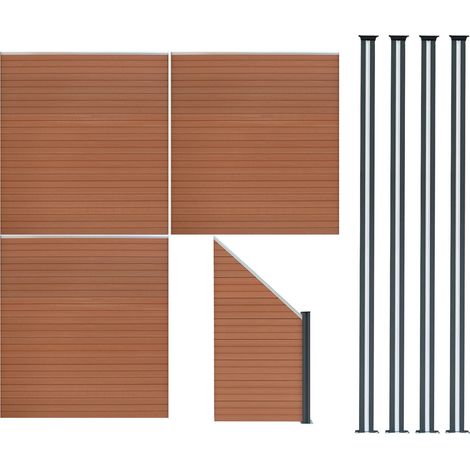Pannelli Recinzione x3, Elemento Angolare & 5 Pali Metallo 185cm x 619cm LED Solare Recinzione Doppia Faccia Marrone in Legno Composito per Giardino Esterno, Privacy e Design Moderno