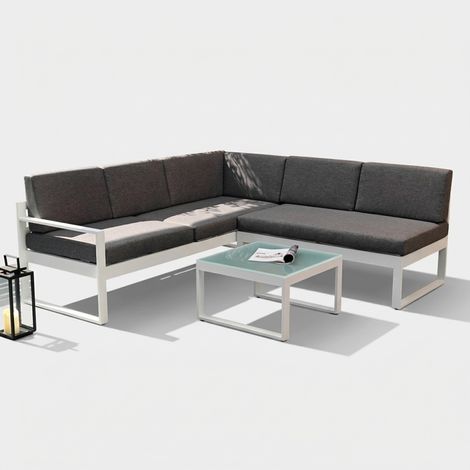 Salotto da giardino set divano esterno angolare + tavolino vetro Jamila