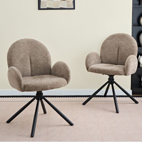 Set de 2 sillas de comedor giratorias con reposabrazos, chenilla taupe, patas de metal negro (1/5)