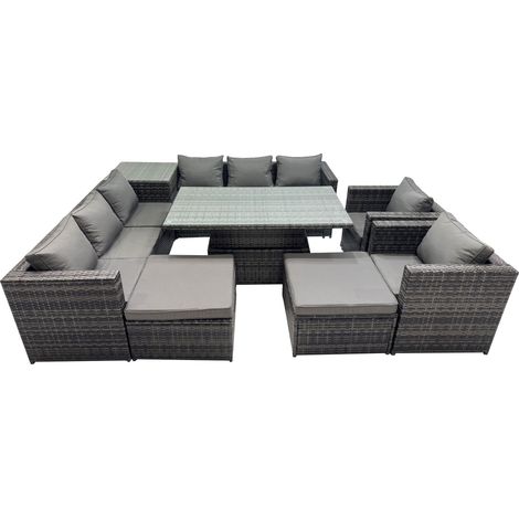 Fimous 10 Seater Outdoor Corner Sofa Height Adjustable Rising Lifting Table Set Garden Rattan Furniture Set with Side Table 2 Big Stool Dark Grey (1/5)