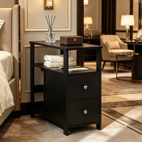 Mesa auxiliar de madera negra 60 cm con enchufe integrado, 2 cajones y estantes