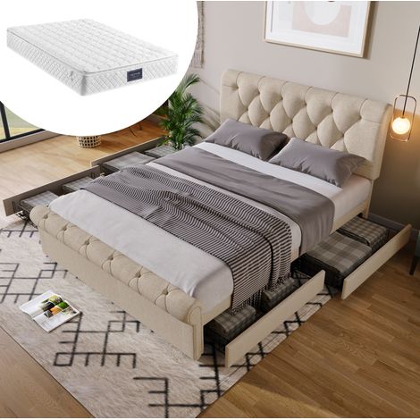 Lit capitonné Chesterfield 140x200 cm avec matelas, 4 tiroirs, tête de lit réglable, bois et métal, naturel (1/5)