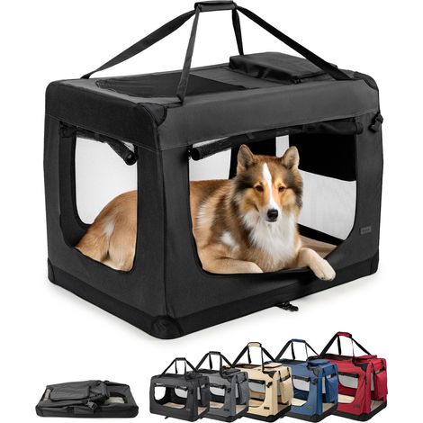 lionto Hundetransportbox faltbar, stabile Stoffbox mit Mesh-Einsätzen, ideal für Auto, Reise & Tierarzt, 90x61x65 cm, schwarz