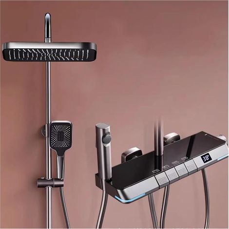 Ensemble de douche mitigeur thermostatique intelli Robinet de système de douche de salle de bain numérique Led ， Robinets de salle de bain cascade fixés au mur ， Pommeau de douche pluie Ensemble de do (1/5)