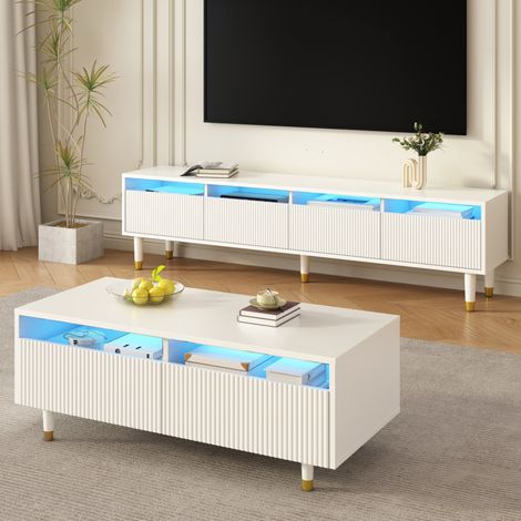 Conjunto mueble TV y mesa de centro 178x35x45 / 110x50x40 cm en MDF blanco con LED FloraGrace (1/5)