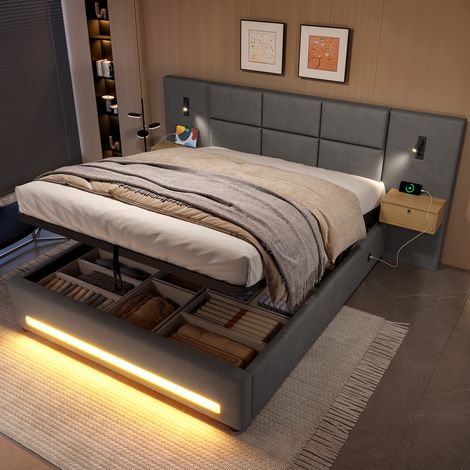 Doppelbett 180x200 cm dunkelgrau aus Samt mit Stauraum, LED-Beleuchtung, USB-C-Anschluss und Metallrahmen (1/5)