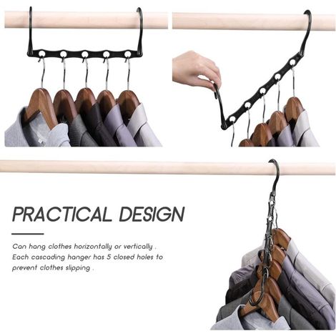 Lot de 10 cintres peu encombrants, crochets intelligents de qualité supérieure, cintres en cascade robustes avec 5 trous pour vêtements lourds, organisateurs de placard et rangement (1/3)