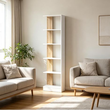 Estantería librería (45x21x170 cm), de 5 compartimentos abiertos, con base elevada, aglomerado, color roble y blanco (1/5)