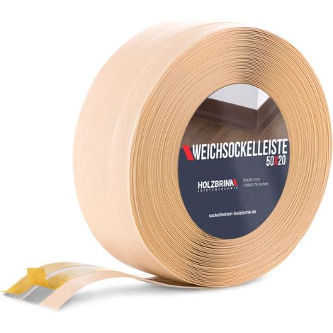 HOLZBRINK Weichsockelleiste selbstklebend PVC 50x20mm, 15 m Winkelleiste für Küchenarbeitsplatte, Bodenbelag Eckleiste selbstklebend Farbe: Kiefer