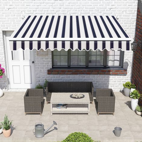 Blue White Garden Patio Manual Awning Retractable Sun Shade Shelter Outdoor 2.5x2M (1/5)