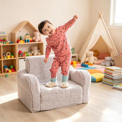 Fauteuil de jeu enfant 2 en 1 convertible en mousse avec revêtement sherpa doux, canapé enfant confortable, gris
