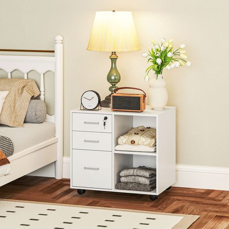 Büroschrank mit drei Schubladen, rollbares Holzmöbelstück, zwei Fächer und eine abschließbare Schublade mit Schlüsseln, für Büro und Arbeitszimmer, 60 x 40 x 56 cm, Weiß