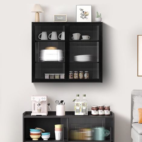 Armoire murale 70 cm 2 portes vitrées avec 3 niveaux, meuble rangement entrée salon salle de bain noir moderne (1/5)