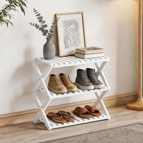 Étagère à chaussures pliable blanche à 3 niveaux sans installation, organiseur de rangement en bambou robuste pour entrée, placard et petits espaces, support de rangement pour chaussures peu (1/5)