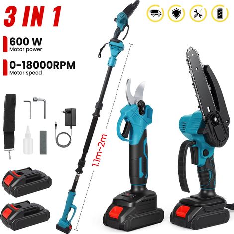 Tronçonneuse Électrique Sans Balais 3500W 3 en 1 Avec Perche Télescopique – Sécateur Pour Branches Hautes, Outil D’Élagage De Jardin, 2 Batteries Incluses (1/5)