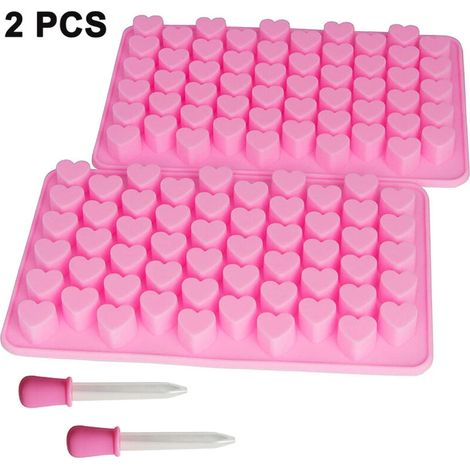 Moules à bonbons gélifiés en silicone en forme de cœur, lot de 2, moules à gâteaux en silicone pour la cuisson, 55 cavités, moules à glaçons avec 2 pipettes offertes - Rose (1/5)