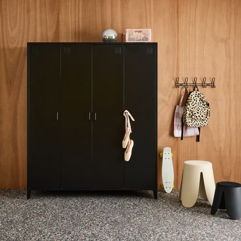 Armoire chambre dressing industriel métal noir 4 portes. 10 étagères. 1 penderie