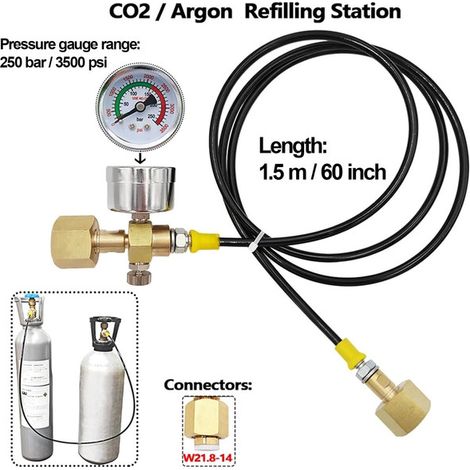 Station de recharge CO2 et Argon adaptateur de remplissage de bouteille de gaz avec tuyau 1,5m manomètre 250 bar connecteur W21.8-14 pour cylindre de CO2 de cuisine et soudage