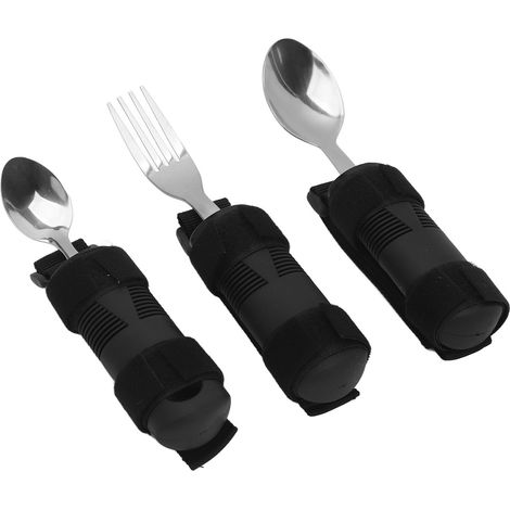 Ensemble de couverts adaptés avec manche antidérapant pour personnes hémiplégiques, comprenant fourchette et cuillère. (1/5)