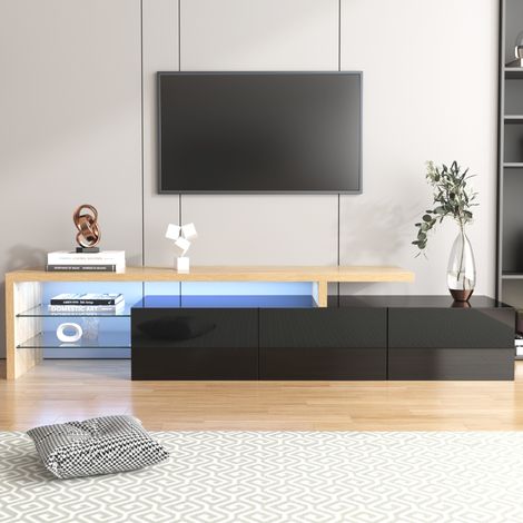 Mobile TV Moderno: Eleganza Stilosa, Nero Lucido, Ripiani in Vetro, Illuminazione LED (1/5)