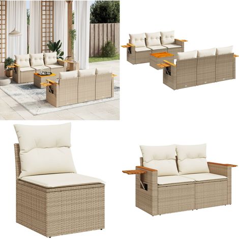 7-tlg. Garten-Sofagarnitur mit Kissen Beige Poly Rattan - Gartenmöbel - Sofagarnitur - Rattan Möbel - Outdoor Möbel - Lounge Set - Home & Living (1/5)
