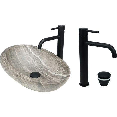 GTM Design Aufsatzwaschbecken 49 cm Matt Set mit Waschtischbatterie und Stopfen - Aufsatzwaschbecken Oval für Badezimmer - Modernes Waschbecken ohne Hahnloch - Waschbecken mit Armature (1/5)