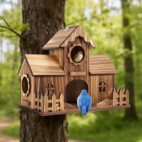 Vogelhaus aus Holz mit 4 Einfluglöchern – zum Aufhängen – mit Doppelhaken – für Garten und Hinterhof (1/4)