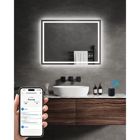 Specchio Bagno con Luce LED 60x80cm, Specchio intelligente illuminato da Parete, Specchiera Bagno Controllo Vocale Tramite App 3 Colori Luce Antiappannamento Interruttore Touch, Funzione Memoria (1/5)