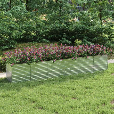 Lit surélevé de jardin en acier galvanisé argenté 480 x 80 x 77 cm avec fond ouvert pour balcon terrasse et potager (1/5)