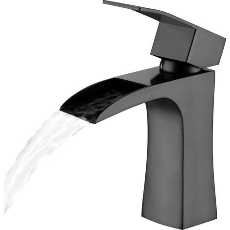 Mitigeur d'évier de salle de bain, robinet cascade pour évier de salle de bain, robinet carré moderne en acier inoxydable avec tuyaux standard britanniques (Gunmetal Gray) (1/5)