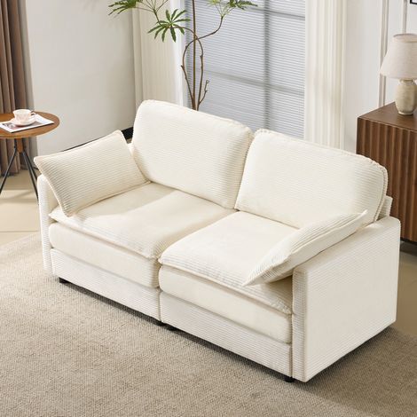 Divano Adulti 2 Posti in Tessuto a Coste Bianco, Struttura e Piedi in Legno, Design Moderno e Pulito (1/5)