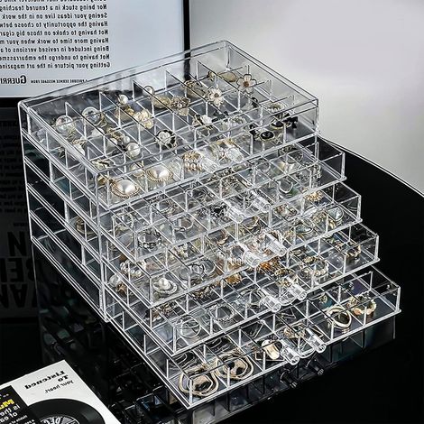 HOXILEELEO - Boîte de rangement pour bijoux en acrylique avec 5 tiroirs, présentoir à boucles d'oreilles, plateau de rangement pour bijoux à 120 compartiments, vitrine transparente pour bagues et perl (1/4)