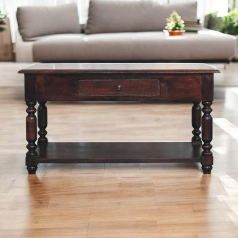 Table console cerisier pieds tournés en bois massif, 1 tiroir, 1 étagère spacieuse, Brun