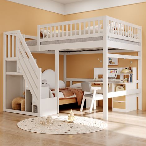 Letto per bambini e ragazzi 140x200 cm con scala contenitore e sponda alta (1/5)