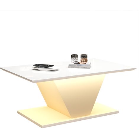 ELVMI Tavolino da Salotto a V con Illuminazione LED Regolabile tramite App, Piano Lucido, per Soggiorno, Bianco (1/5)