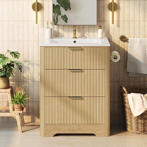 Mueble bajo lavabo con lavabo 61x47x82 cm de pie para cuarto de baño aseo mdf aspecto madera cerámica cajones soporte de papel tiradores dorados color madera natural (1/5)