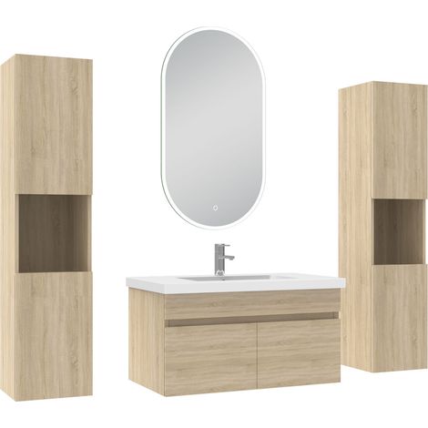 Ocean meubles simple vasque 80cm colonne + vasque + miroir lumineux Chêne Wotan (1/5)