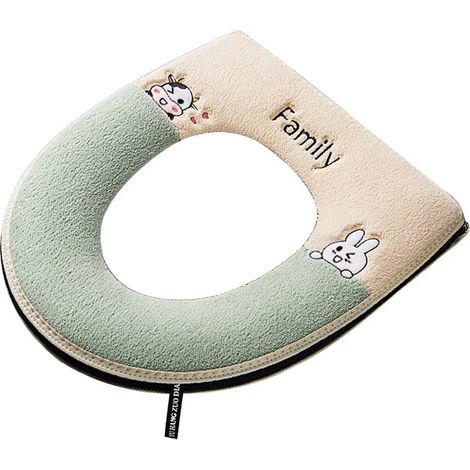 Tapis de toilette ultra doux avec broderie dessin animé pour garder la chaleur, coussin de siège de toilette été/hiver, chauffe-toilettes avec poignée, accessoire de bain - Vert (1/3)