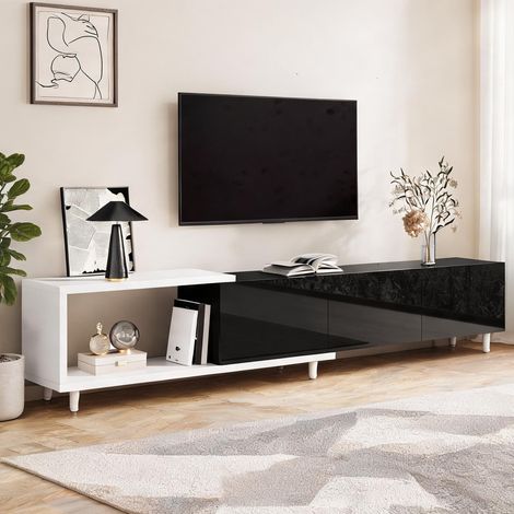 Meuble TV extensible 258 cm 3 portes laquées brillant noir (1/5)