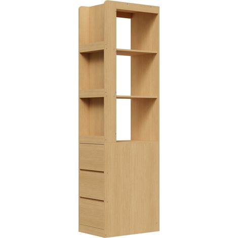 Étagère étroite 200 cm avec 3 niches ouvertes et 3 tiroirs, convertible des deux côtés, sécurisée anti-basculement, en panneau de particules chêne (1/5)