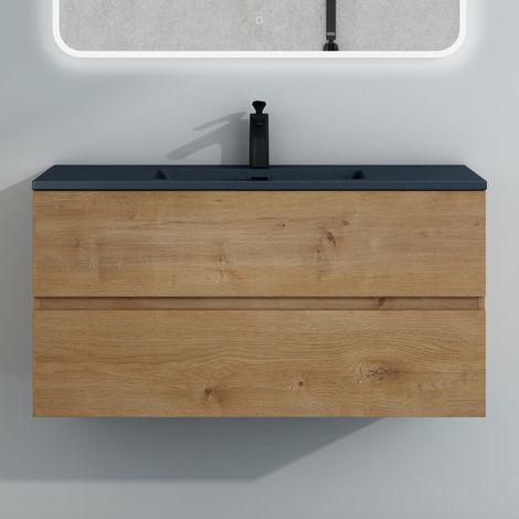 Mai & Mai Badmöbel-Set Waschtisch mit Unterschrank Mineralguss Waschbecken in Anthrazit Waschbeckenunterschrank 100x48x50cm Kerneiche 2-Schubladen Soft-Close Aqualis (1/5)