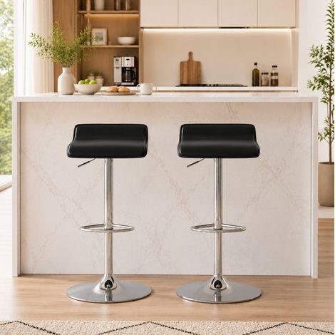 MODFU – Taburete de bar regulable 55-76 cm de PVC/acero con giro 360°, reposapiés, pistón de gas y carga 120 kg – Negro/plateado (1/5)