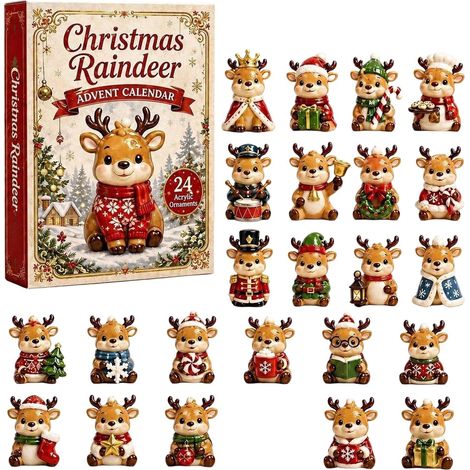 Adventskalender 2026 – 24-teilig – braun, rot, grün – Acryl – 24 Tage lang weihnachtliche Rentier-Anhänger mit rotem Pullover – Weihnachtsbaumschmuck – geeignet für Weihnachten und als Dekoration für (1/5)