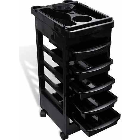 Chariot de coiffure en plastique avec roulettes, 5 plateaux coulissants, noir, 49 x 32 x 82,5 cm - PANGIVO (1/5)