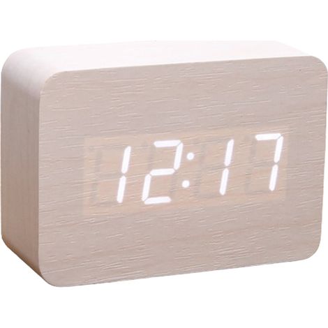 Réveil numérique en bois, luminosité réglable, commande vocale, affichage LED rectangulaire, heure et température, décoration intérieure
