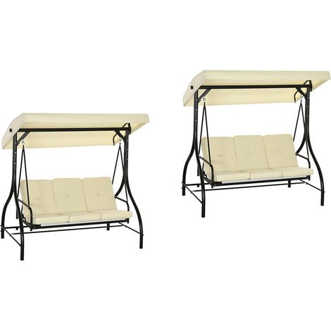 2er-Set 2 in 1 Hollywoodschaukel mit Liegefunktion 3-Sitzer Gartenschaukel mit verstellbarem Sonnendach, Schaukelbank belast bis 240kg, Gartenliege für Garten, Terrasse, 195x117x175 cm, Beige