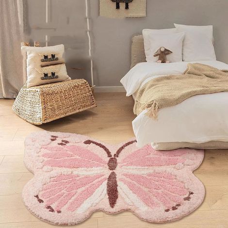 Tapis Doux Moelleux Rose Antidérapant Motif Papillon Chambre Fille Nursery Chevet Salon Coin Lecture Décoration Maison (1/4)