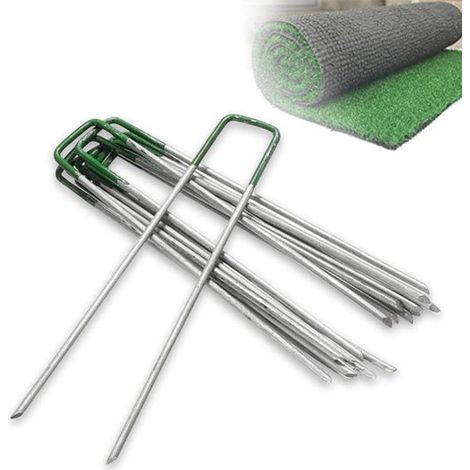 Piquets de fixation de Jardin - Lot de 10 - 15 x 3 cm - Vert - Acier galvanisé - Piquets plats en U robustes - Piquets métalliques pour gazon - Pour toile anti-mauvaises herbes (1/3)