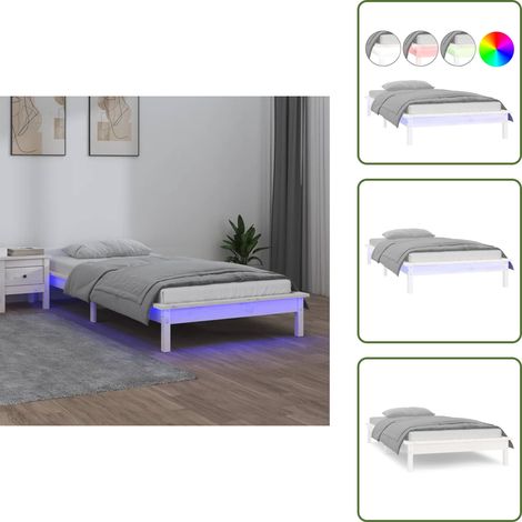 The Living Store Massivholzbett mit LEDs Weiß 75x190 cm - LED-Leuchten (1/5)