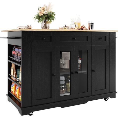 Îlot de cuisine avec plateau rabattable 0 à 90°, rangement modulable, étagères latérales, verre trempé, noir et bois clair, 151,5 x 60 x 91,7 cm CHICFURN (1/5)